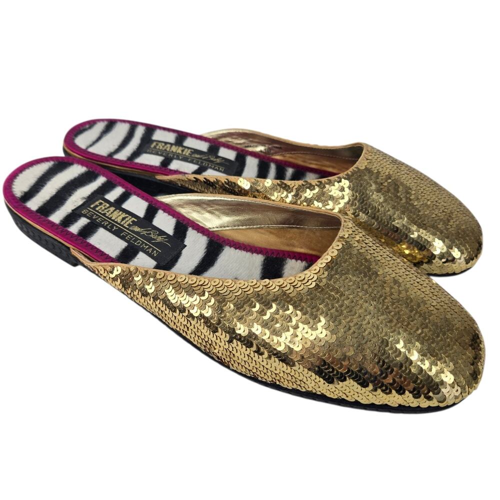 Beverly Feldman Frankie and Baby VTG Sequin Flats Mules Gold Slides Size 11B - Picture 7 of 10